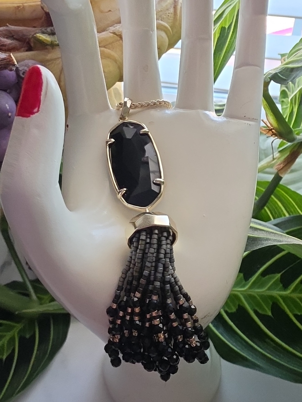 Kendra Scott Black Faceted Stone Tassel Necklace with Gold Accents